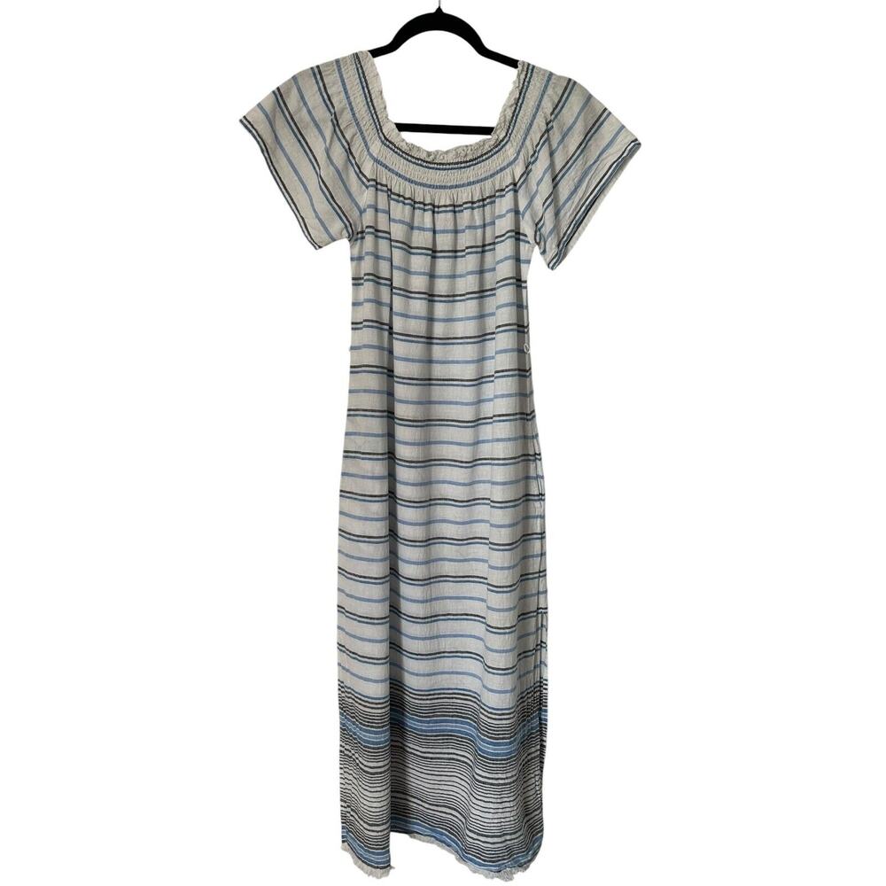Tommy Bahama Dress Size S White Blue Striped Linen Blend Beachy No Belt Midi